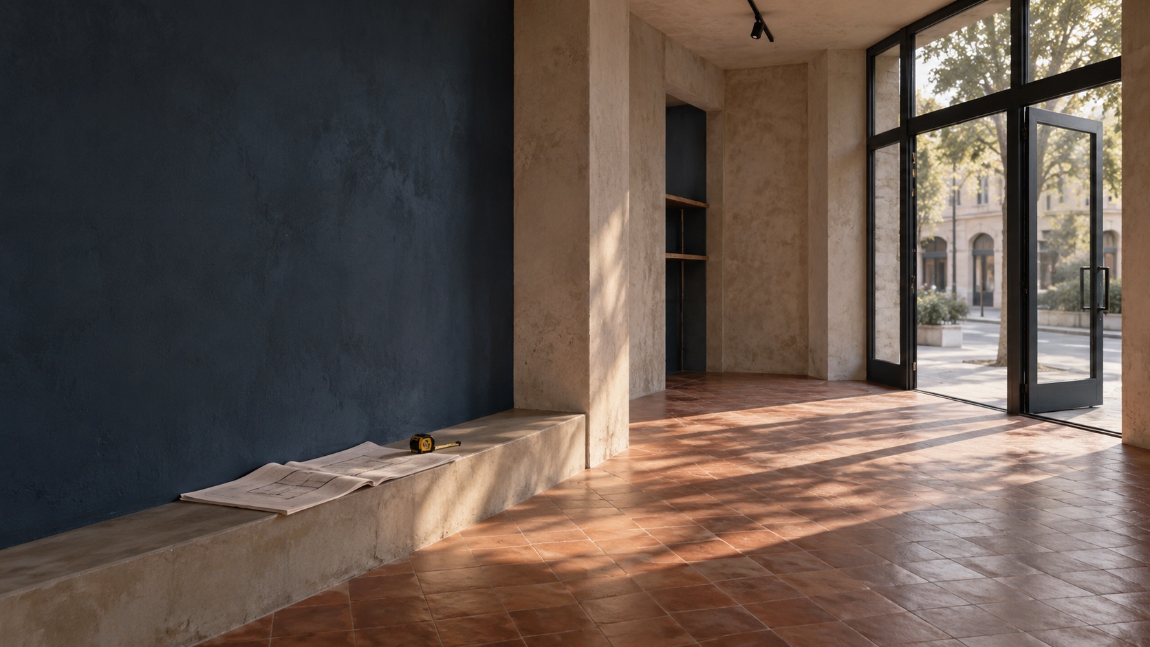 Escena ilustrativa generada con IA: local comercial vacío con un plano y luz natural, sin representar un inmueble real en venta