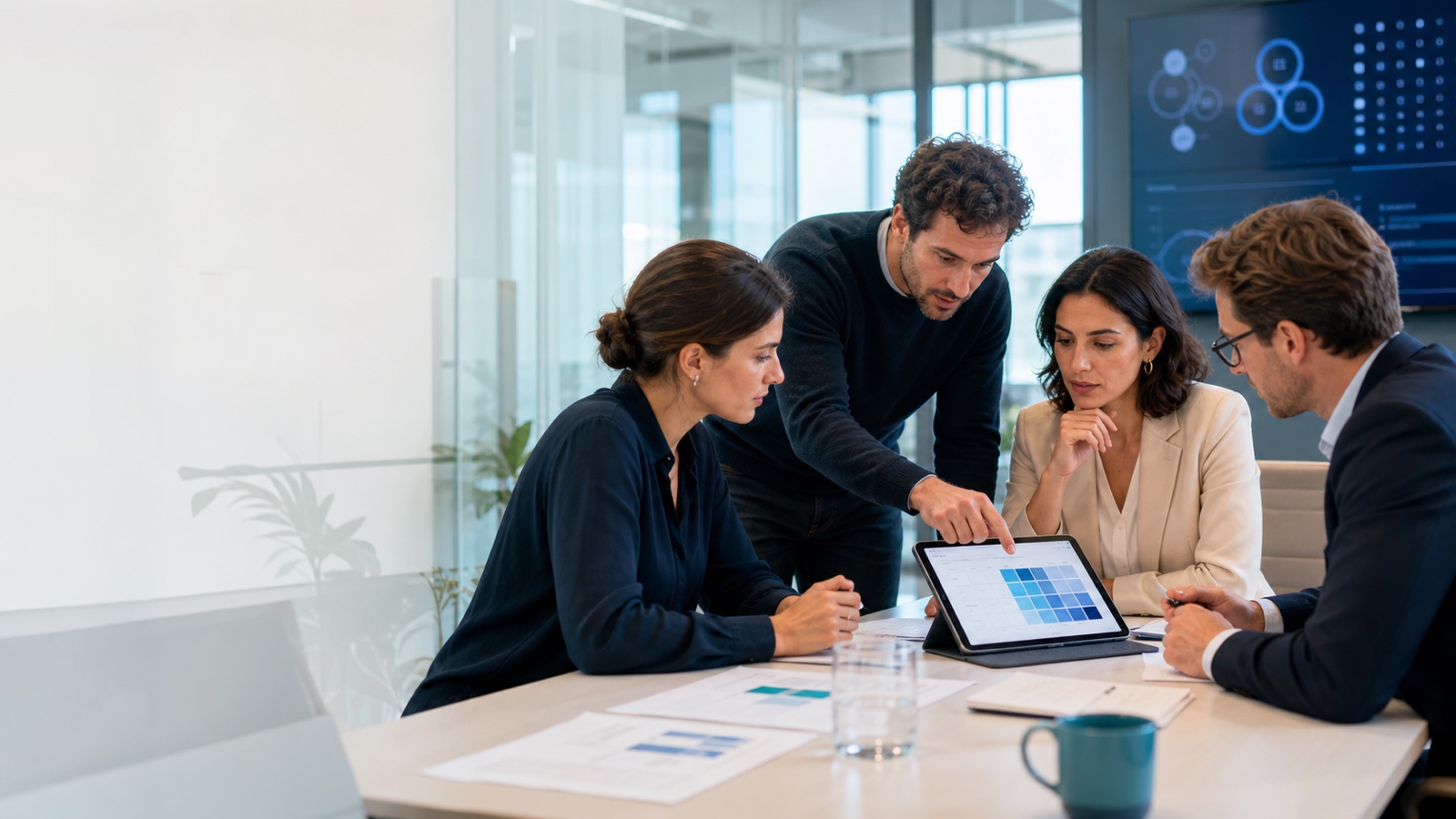 Equipo de producto y privacidad evaluando riesgos sobre datos personales antes de lanzar un servicio digital