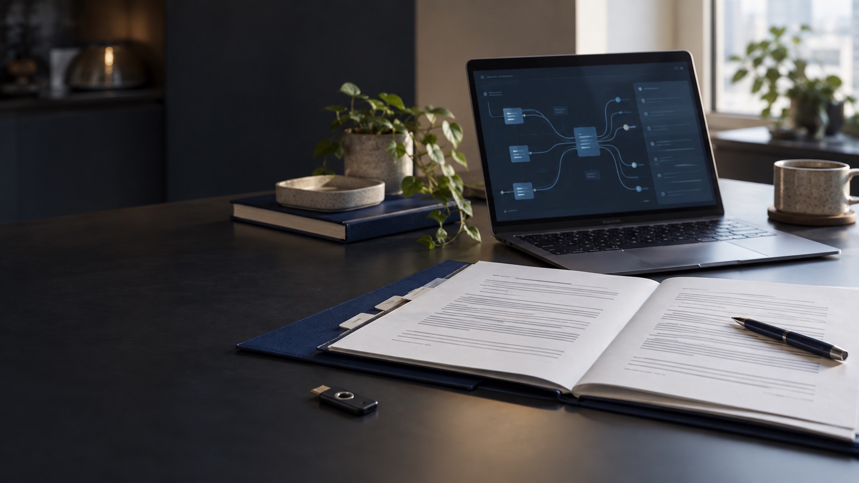 Escena ilustrativa generada con IA: contrato, carpeta y portátil sobre una mesa para revisar el acceso de un proveedor a datos personales
